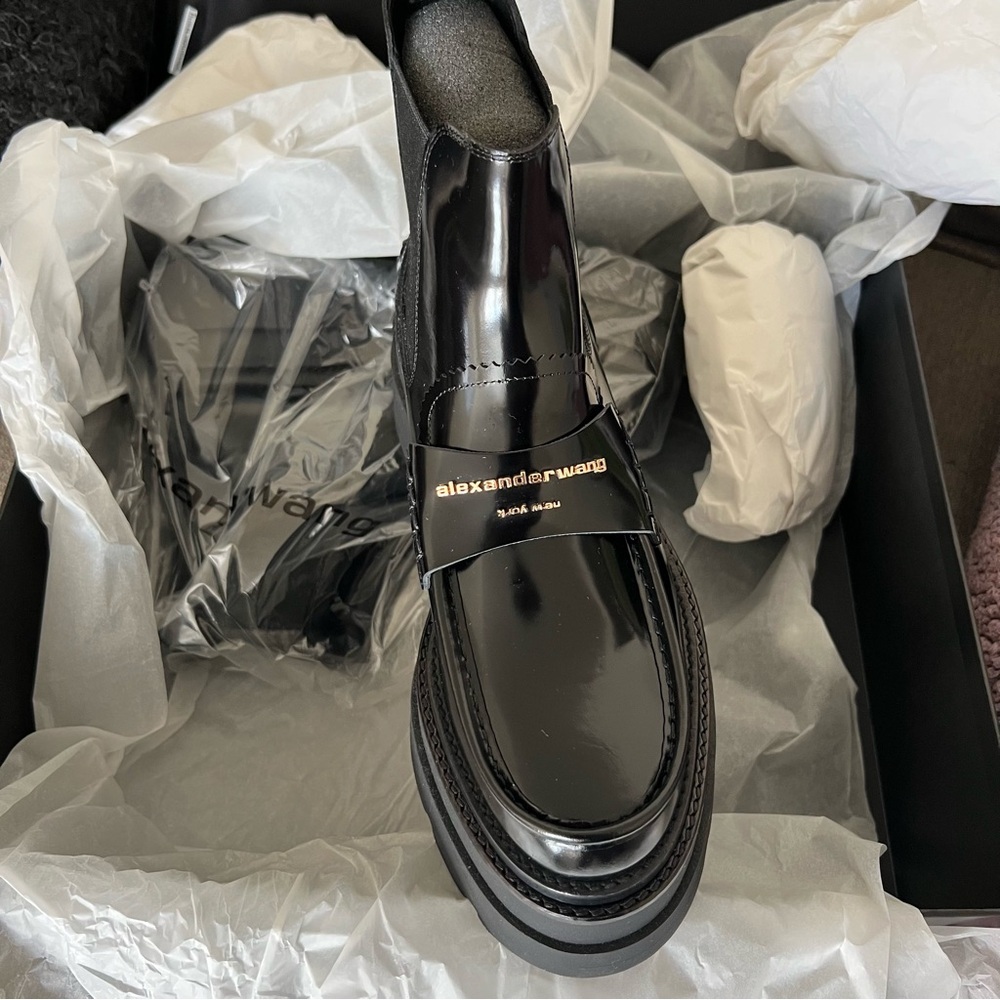 New Alexander Wang Black Carter Ankle Platform Loafer Patent Leather Boots Sz 41